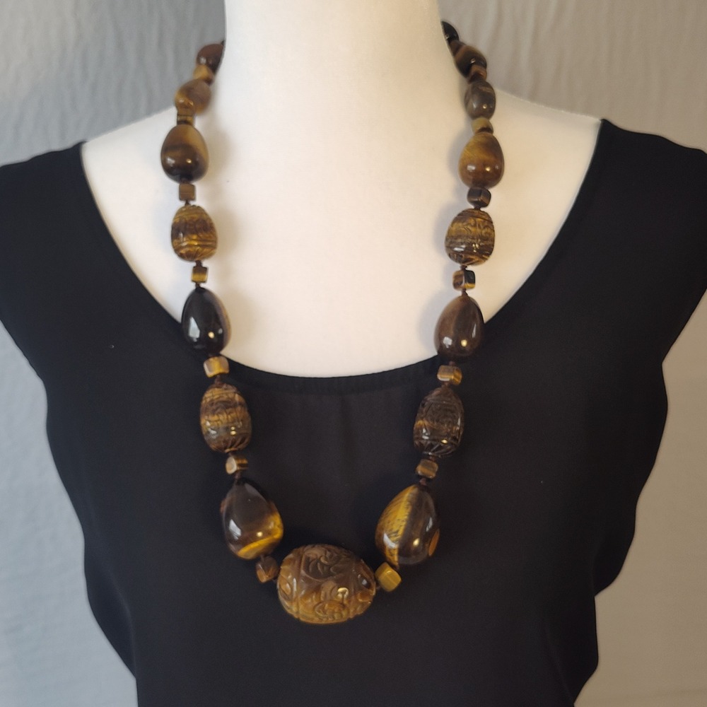 Barse Sterling Silver Carved Tigers Eye Bead Statment Necklac Adjustable 17-20in